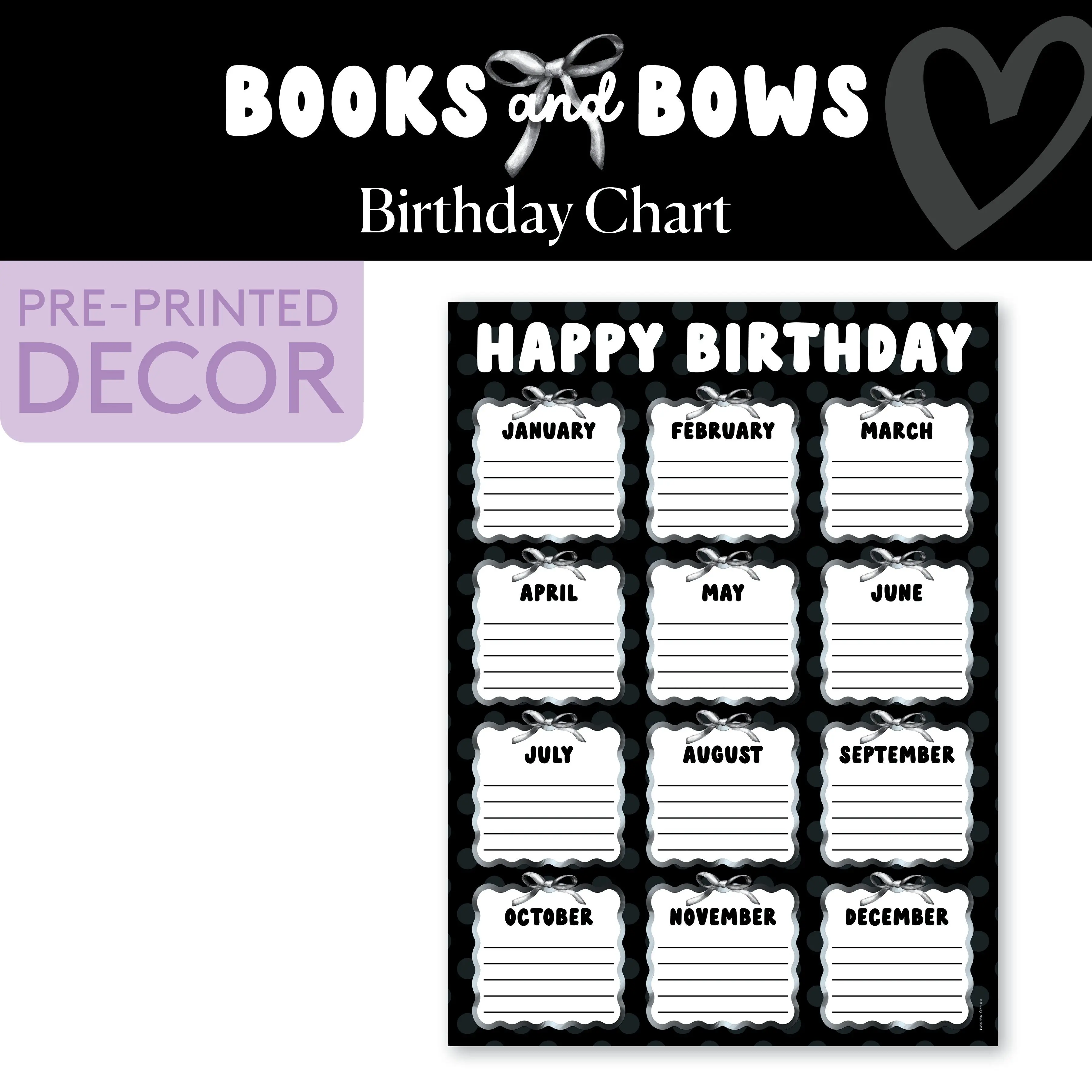 Black and White Birthday Chart | Books and Bows