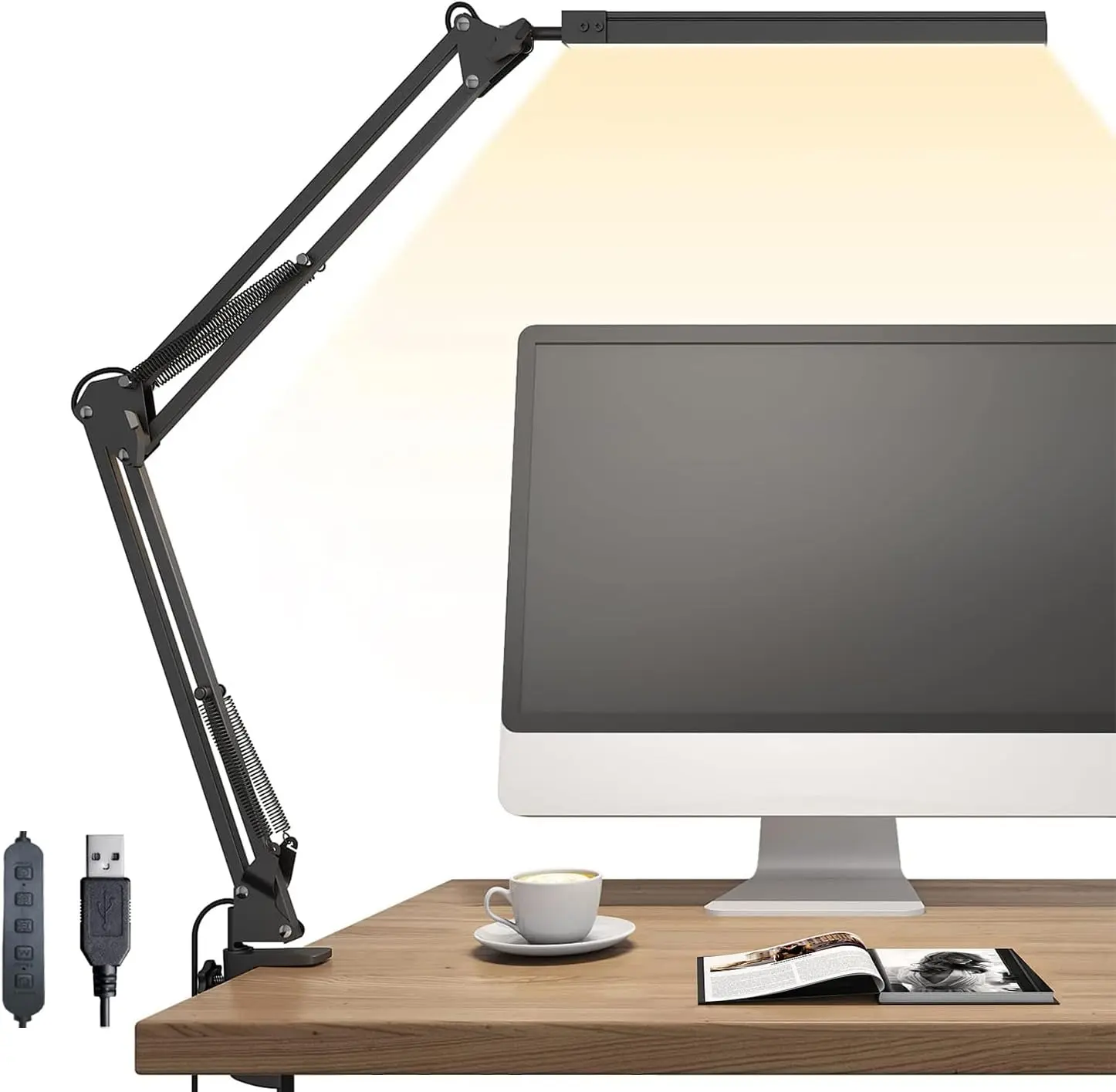 14W LED Clamp Desk Lamp - Adjustable Swing Arm, Dimmable Eye Care Table Lamp with 270° Rotating Base, Tall Flexible Task Light for Home Office Nail Salon, Book Lights for Architects
