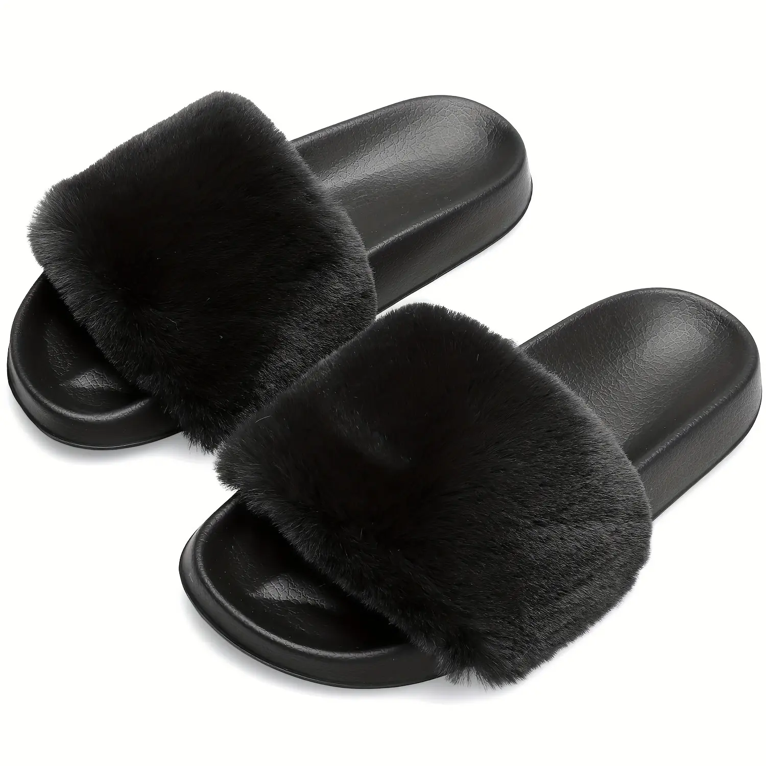 HISQIM Women's Fluffy Plush Slide Slippers - Warm 4-Season Footwear, Thickened EVA Sole, Black Casual Indoor-Outdoor Shoes