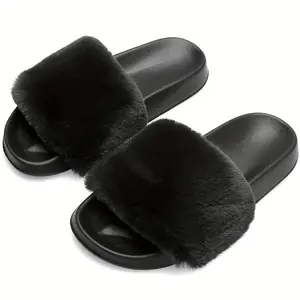HISQIM Women's Fluffy Stylish Slide Slippers - Indoor/Outdoor Casual Shoes, EVA Sole, Black Color HISQIM Women's Fluffy Stylish Slide Slippers - Indoor/Outdoor Casual Shoes, EVA Sole, Black Color