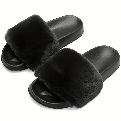 HISQIM Women's Fluffy Faux Fur-Polyester Open-Toe Fur Slides, Warm Indoor Footwear with Flexible EVA Sole, Cozy Feet All-Seasons Slippers for Women (Casual Wedding-Ready, Indoor-Outdoor Use)