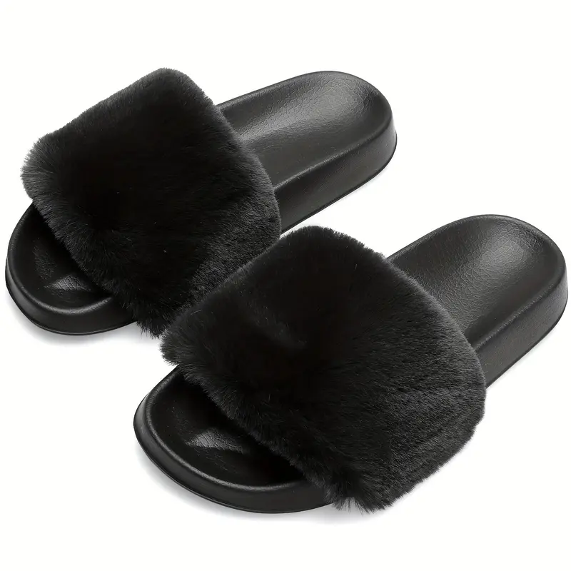 HISQIM Women's Fluffy Faux Fur-Polyester Open-Toe Fur Slides, Warm Indoor Footwear with Flexible EVA Sole, Cozy Feet All-Seasons Slippers for Women (Casual Wedding-Ready, Indoor-Outdoor Use)