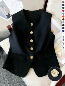 Women's Plus Size Casual Button Vest Top, Sleeveless Fashion Design Fit, Suitable for Outdoors, Parties, Daily Commute, Spring & Fall