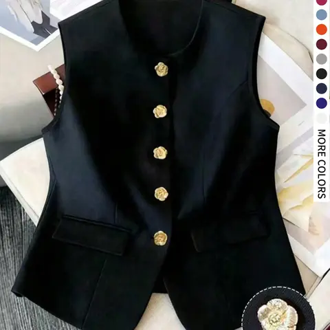 Women's Plus Size Casual Basic Fashion Button Vest, Sleeveless Clothing, Sleeveless Fitted Top, Suitable for Parties, Commuting & Daily Wear