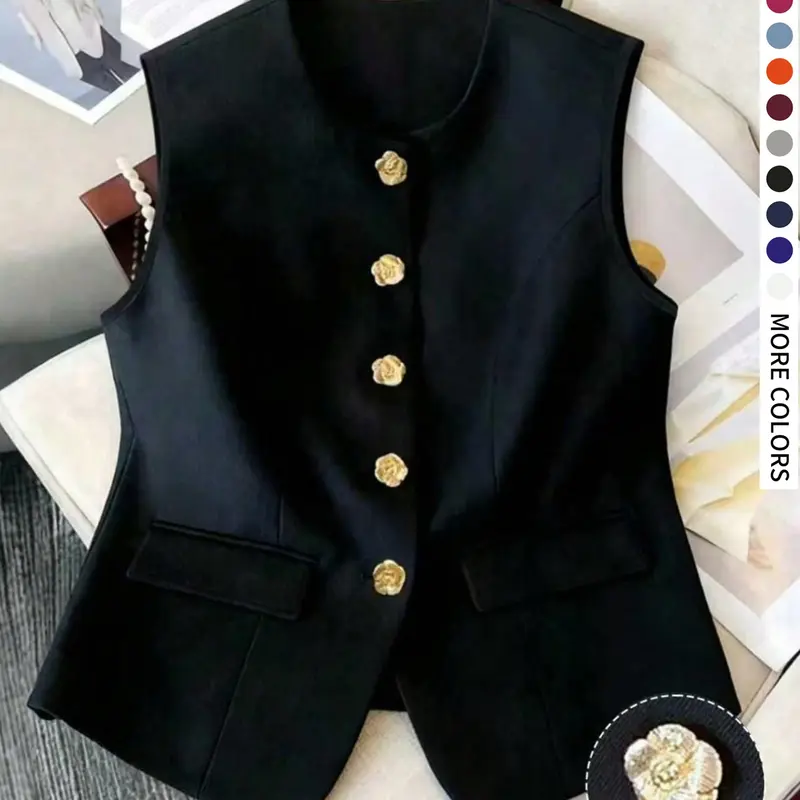 Women's Plus Size Casual Basic Fashion Button Vest, Sleeveless Clothing, Sleeveless Fitted Top, Suitable for Parties, Commuting & Daily Wear