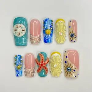 Summer Theme Medium Square Press On Nails, Ocean Inspired Handmade Fake Nail Art, 3D Gel Nails for Summer Holiday, Vacation, Special Event, Reusable Press Ons, Elegant Coastal Gift for Her