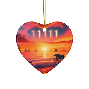 Ceramic Ornament, Beach Sunset Tropical Tree, Dolphin Sailboat Angel 11111 Inspirational Decoration, Positive Mindset Reminder, Visualize Hanging Glossy Circle Hangable Stars
