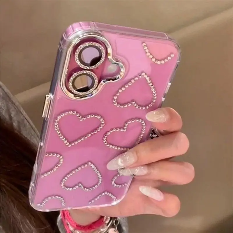 New Fashion 3D Bling Rhinestone Love Heart Phone Case For iPhone 17 16 15 14 13 12 Pro Max 16 15 14 Plus Aesthetics Clear Shell