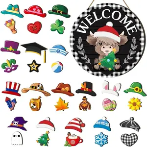 35 Pcs Christmas Interchangeable Highland Cow Welcome Sign Highland Cow Seasonal Wooden Hanging Door Decor Thanksgiving Farmhouse Hanging Sign for Front Door Xmas Party Decoration Gift
