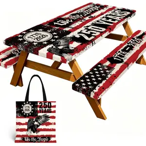 4Pcs Vintage Picnic Table Cover with Bench Covers, 250th Anniversary Eagle Patriotic Decor, Windproof Waterproof Fitted Tablecloth with Elastic, Rectangle for 4th of July, Outdoor Camping Parties, 72x30 Inch