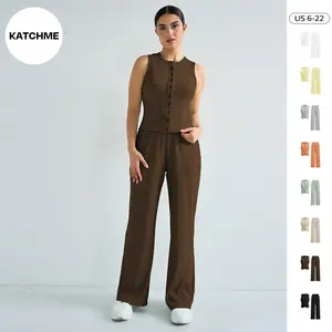 KatchMe Women's Casual Solid Color Sleeveless Button-Up Slim Tank Top & Wide Leg Trousers Co-ord, Comfort Two Piece Outfits, Holiday Outfits 2025(2)