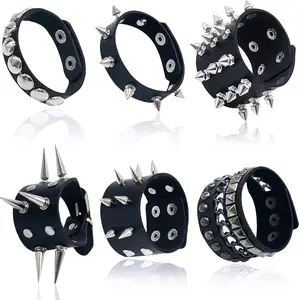 6-Piece Punk Studded Bracelet Set – Adjustable leather spike & rivet cuffs for men and women; gothic accessories for Halloween, parties, or cosplay.