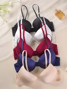 5 Pack Satin Smooth Invisible Bra, Soft Skin-friendly Underwire Push Up Lace Patchwork Everyday Bra
