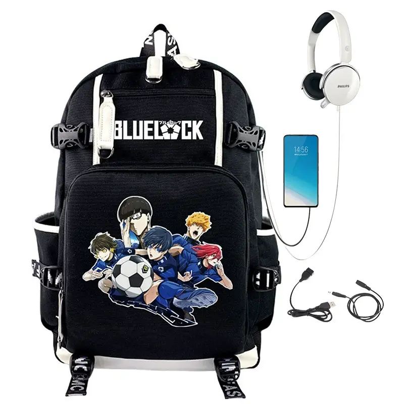 Blue Lock Anime USB Charging Port Backpack, Graphic Daypack, Large-Capacity Casual Bag for School Use