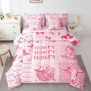 7Pcs Western Cowgirl Bedding Set,Pink Disco Ball Comforter Bed Set,Howdy Cow Girl Bed Bag,Girls Kids Southwestern Boots Bed Set,Kawaii Preppy Room Bed Set