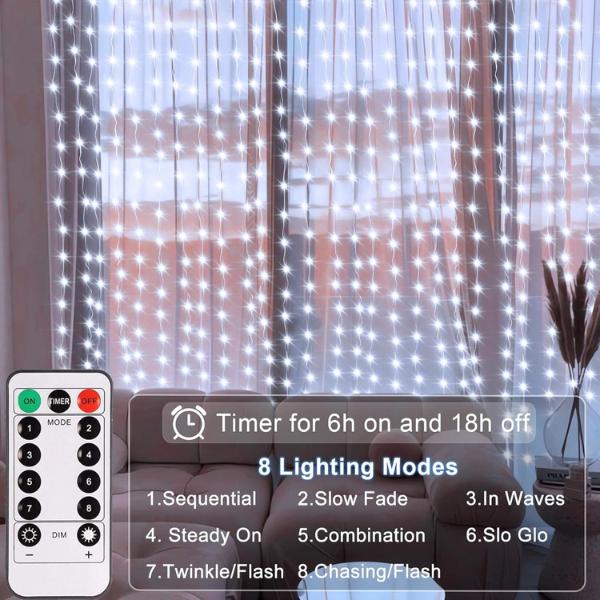 300 LED Curtain Lights, 9.8Ft x 9.8Ft USB Plug in Christmas Fairy Curtain Lights with Remote, Hanging String Light for Bedroom Backdrop Window Wall Wedding Decor, Cool white