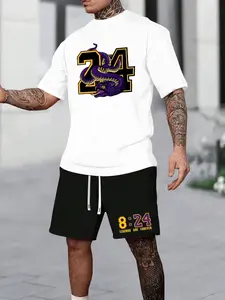 Men's Summer 2-Piece Set: Mamba Mentality 8:24 Graphic T-Shirt & Drawstring Shorts - Vintage Basketball Streetwear (Perfect for Gym & Casual Wear) - "Legends Are Forever" Edition