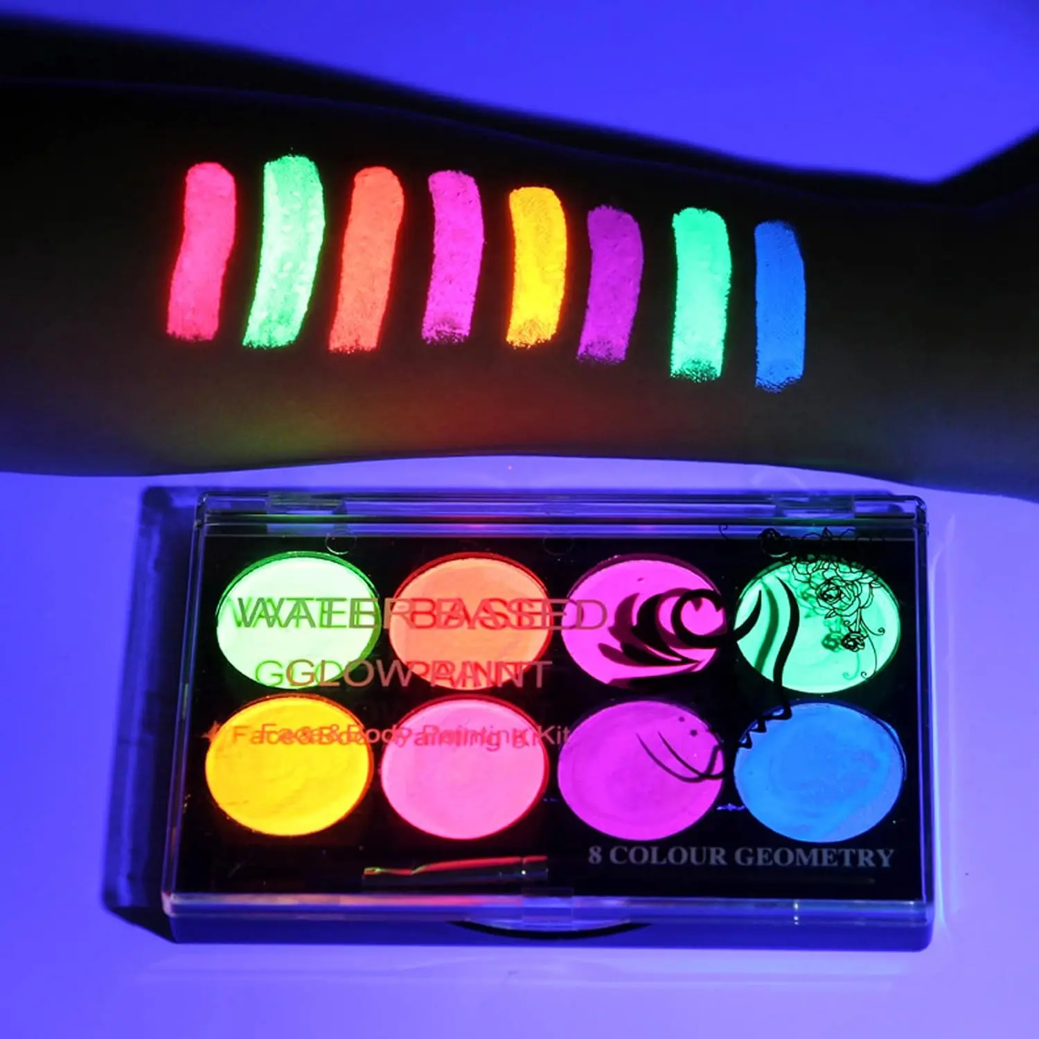 Neon Face Paint,UV Blacklight Glow Face Paint,8 Bright Colors Neon Fluorescent Rave Body Paint Palette,Water Activated Eyeliner,Water Based Glow In The Dark Halloween Washable for Kids Adults