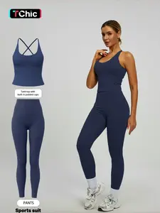 Women's 2-Piece Solid Color Sportswear Set, Sleeveless Backless Tank Top, High Waist Leggings, Slim Fit, Breathable Yoga Gym Outdoor Workout, Stretchable Activewear, Sports Fitness Wear