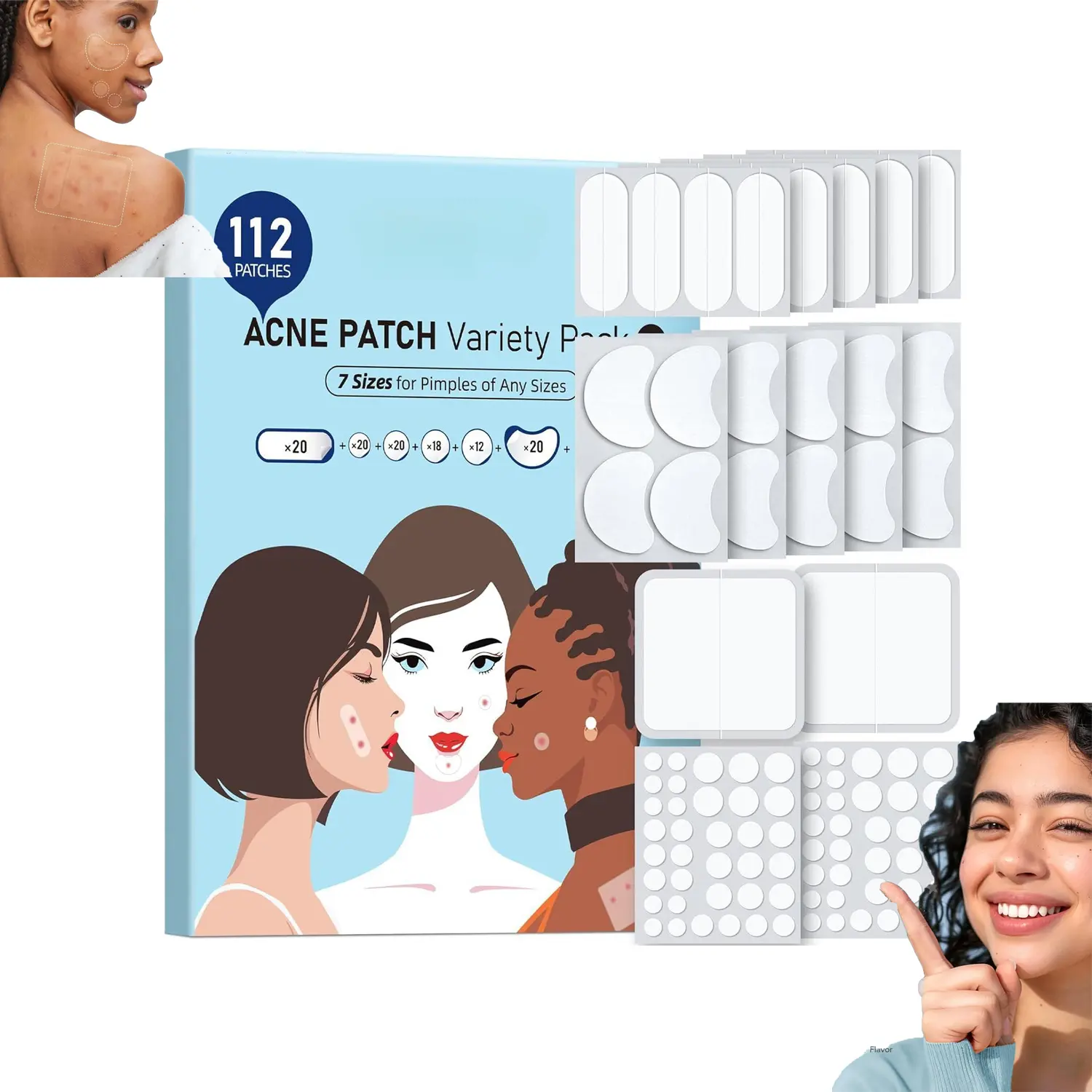 Large Pimple Patches 7 Sizes 112 Counts, XL Hydrocolloid Acne Bandages, Multi-Shape Square Moon Oval Invisible Spot Stickers for Full Face, Forehead, Chin, Nose, Neck, Chest, Back and Body Breakouts