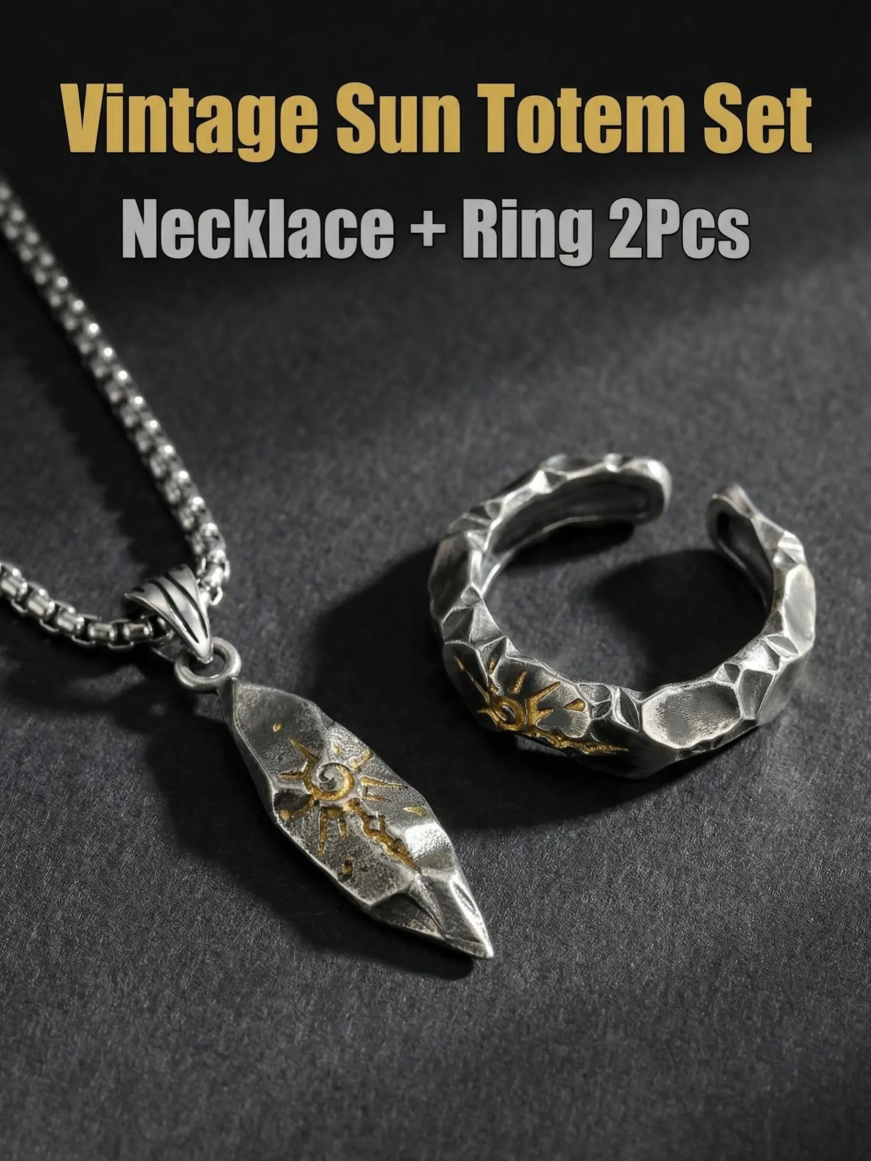 Vintage Wish Stone Sun Totem Necklace Ring Set, Antique Titanium Steel Viking Amulet, Men's Unique Luxury Jewelry, Couple Gift, Statement Ring Set, Jewellery Gift Set
