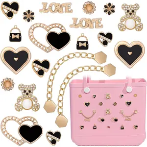Charms for Bogg Bag, Butterfly Flowers Bear for Bogg Bag Accessories Charms, Black Heart Charm & Bling Chain Compatible with Simply Southern Beach Bags Tote, Insert for Rubber Beach Tote Handbag (20 Pcs)