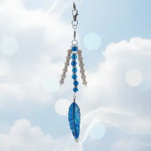 Keychain Back Pack Clip Blue Metal Feather Glass Beaded Keychain with White Beads and Blue Feather Design