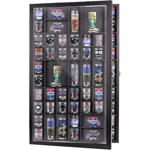 Removable Giant Shot Glass Display Case,30.5 * 19 Inches,70 Slots,Removable Shelves,Fit for Lots of Sizes Shot Glasses,Wall Mount,Gold Lock,with UV Protection Acrylic Glass Door