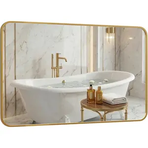 30x48 Inch Oversized Matte Gold Bathroom Vanity Mirrors | Flush Mount Deep Set Metal Wall Mirror for Over Sink | HD Shatterproof Glass, Rustproof | 1 Pack