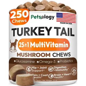 Mushroom Supplement for Dogs 250 Chews with Turkey Tail Lion’s Mane Shiitake Reishi, Immune Support for Lumps and Bumps with Glucosamine Health Vitamins Multivitamin