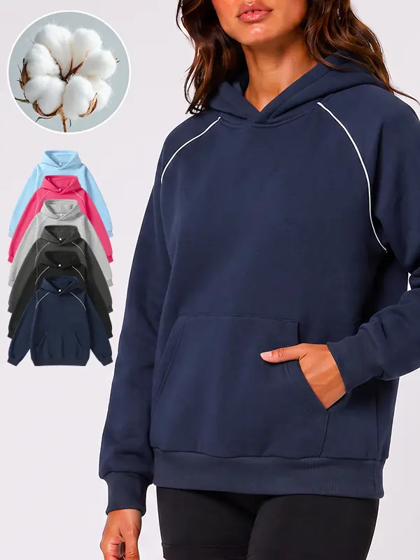 Classic Women’s Casual Hoodie - White Piping Raglan Sleeve,  Cotton Blended Soft Breathable Fabric, Loose Drop Shoulder Fit with Kangaroo Pocket, Durable Daily Comfort Casual Outdoor City