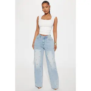 Emery Embellished Bow Straight Leg Jeans - Light Wash