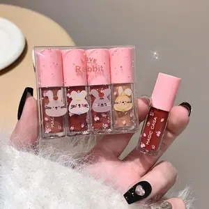 4pcs Cute Rabbit Glossy Lipstick Set, Moisturizing Easy Application Mirror Finish, Women's Makeup Kit, Student Gift Box