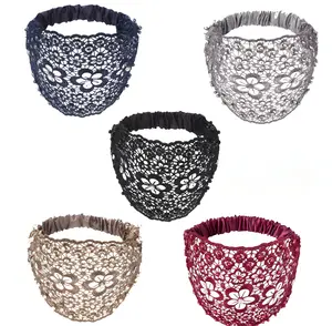 5 Pcs lace headbands for women,Wide Floral Pearl Lace Elastic Headbands Hair Accessories for Women Fashion,Random color
