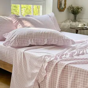 Pink Gingham Ruffle Twin Sheet Set, Pink Soft Pre-Washed Microfiber Twin Bed Sheets, 3-Pieces Farmhouse Sheet Set with Deep
