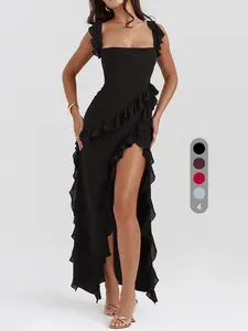 Women's Plain Ruffle Hem Split Thigh Dress, Elegant Sleeveless Long Dress for Party Club Dating Wear, Ladies Summer Clothes