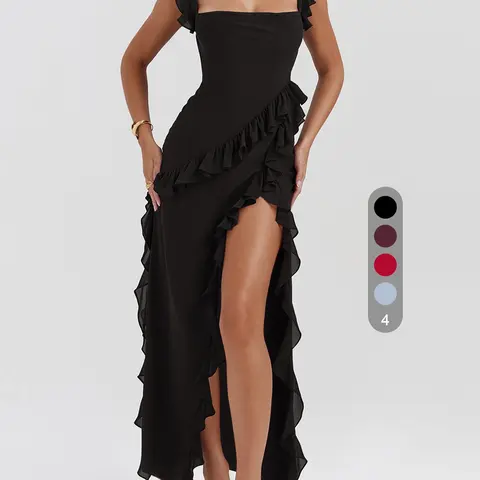 Women's Plain Feminine Ruffle Hem Split Thigh Dress, Elegant Classy Flattering Slim Fit Sleeveless Long Dress for Party Club Dating Wear, Ladies Casual Summer Clothes, Date Night Dresses, Womenswear