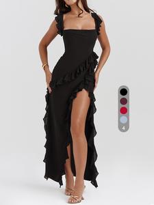 women's plain ruffle hem split thigh dress, elegant sleeveless long dress for party club dating wear, ladies summer clothes