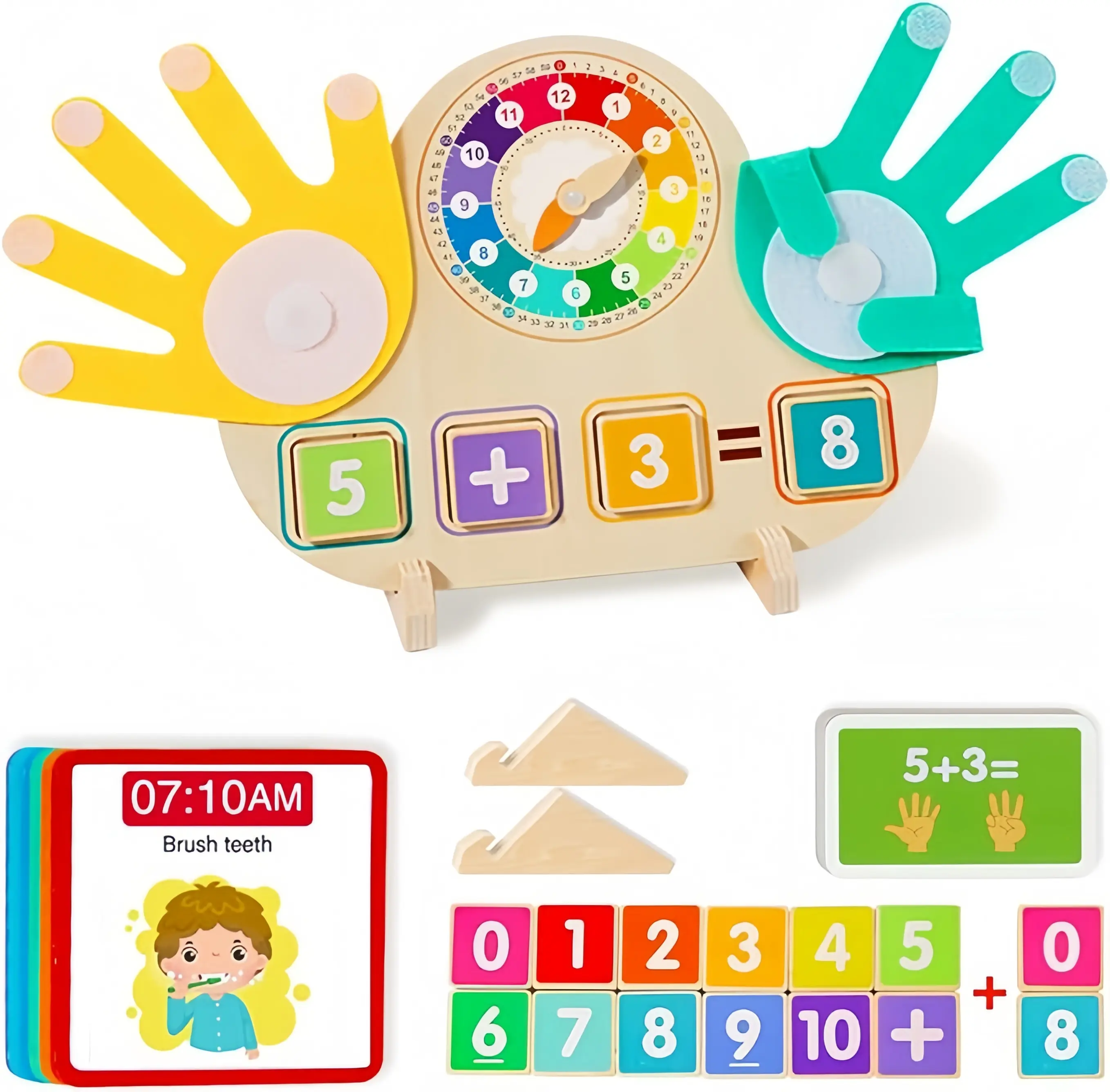 Summerwins 2-in-1 Wooden Vibrant Hands-On Math Manipulatives - Number Counting Blocks & Teaching Clock, Unisex Montessori Educational Toys for Toddlers 2-5 to Master Math and Time, Birthday Gift