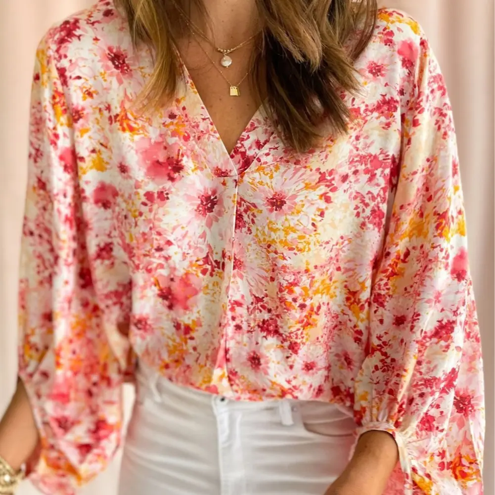 Women Pink Ditsy Floral Bubble Sleeve V Neck Blouse