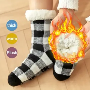 Men's Fleece-Lined Warm Floor Socks - Non-Slip Plaid Winter Home Socks, Couples' Comfortable Casual Socks (Black, White, and Colorful Options), Soft Plush Design, Fun Style, Anti-Slip Technology