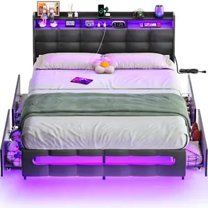 Homieasy Bed Frame with Drawers Charging Station LED Light, Upholstered Twin Bed Frame with Storage Headboard, Heavy Duty Wood Slats, No Box Spring Needed, Noise Free, Black