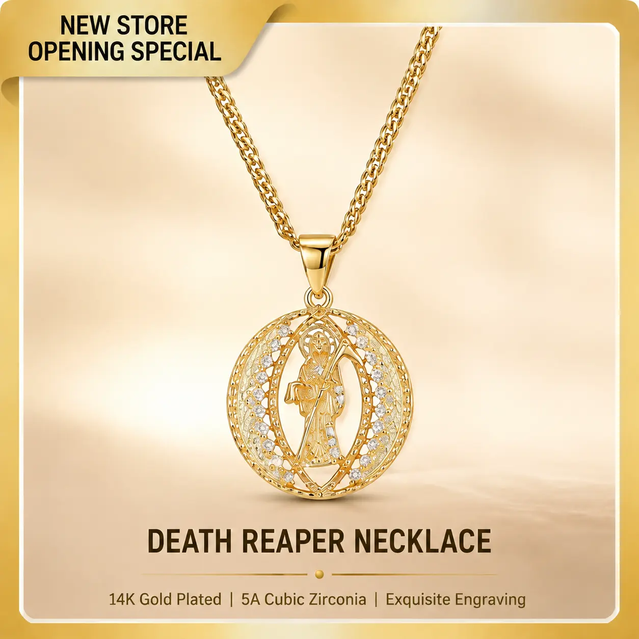 【AMKMAX】Death Reaper Pendant Necklace for Women, 14K Gold Plated Oval CZ Medallion Necklace, Gothic Saint Grim Reaper Jewelry Gift accessories y2k