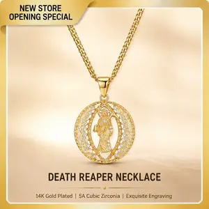 【AMKMAX】Death Reaper Pendant Necklace for Women, 14K Gold Plated Oval CZ Medallion Necklace, Gothic Saint Grim Reaper Jewelry Gift
