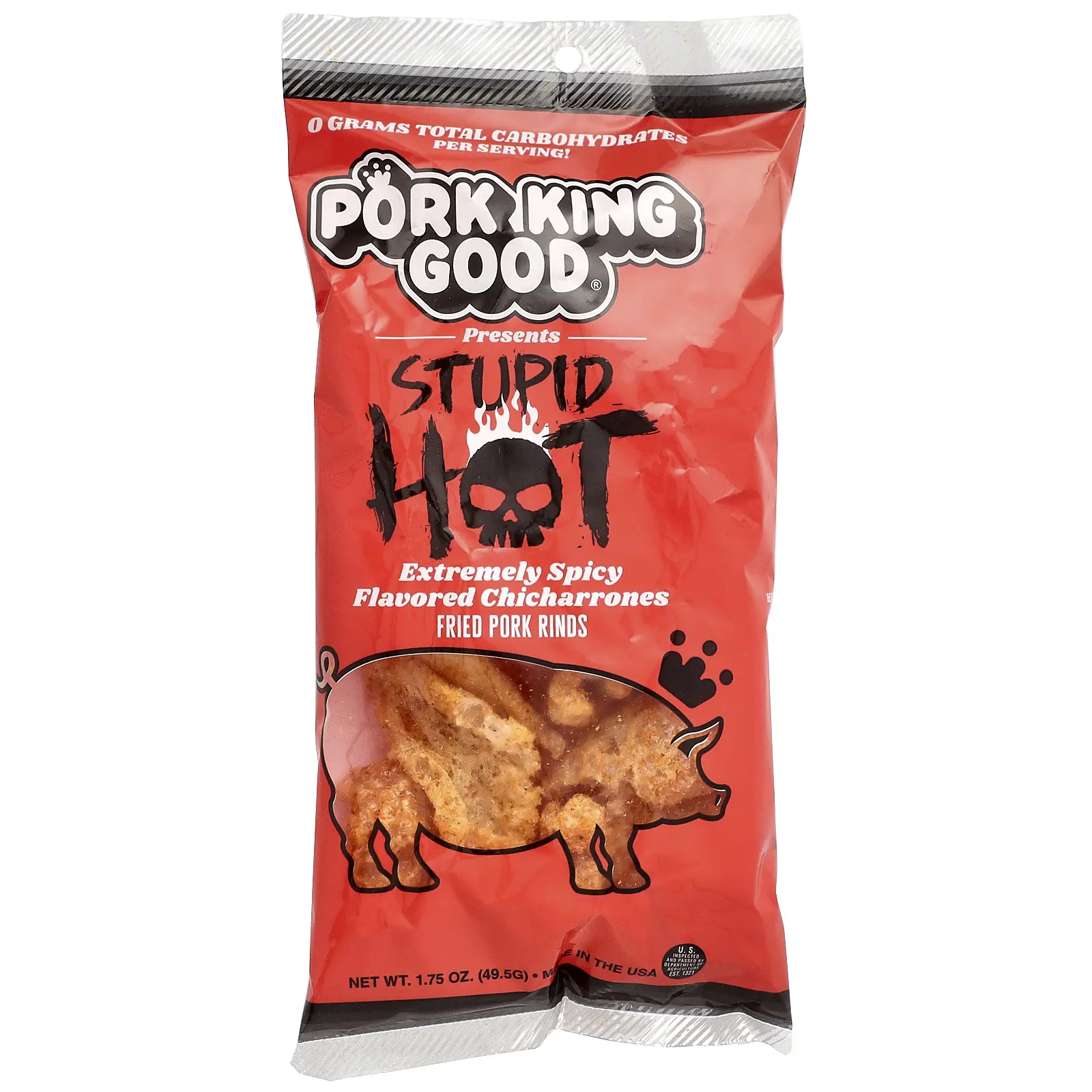 Pork King Good Flavored Chicharrones, Stupid Hot, Extremely Spicy, 1.75 oz (49.5 g)
