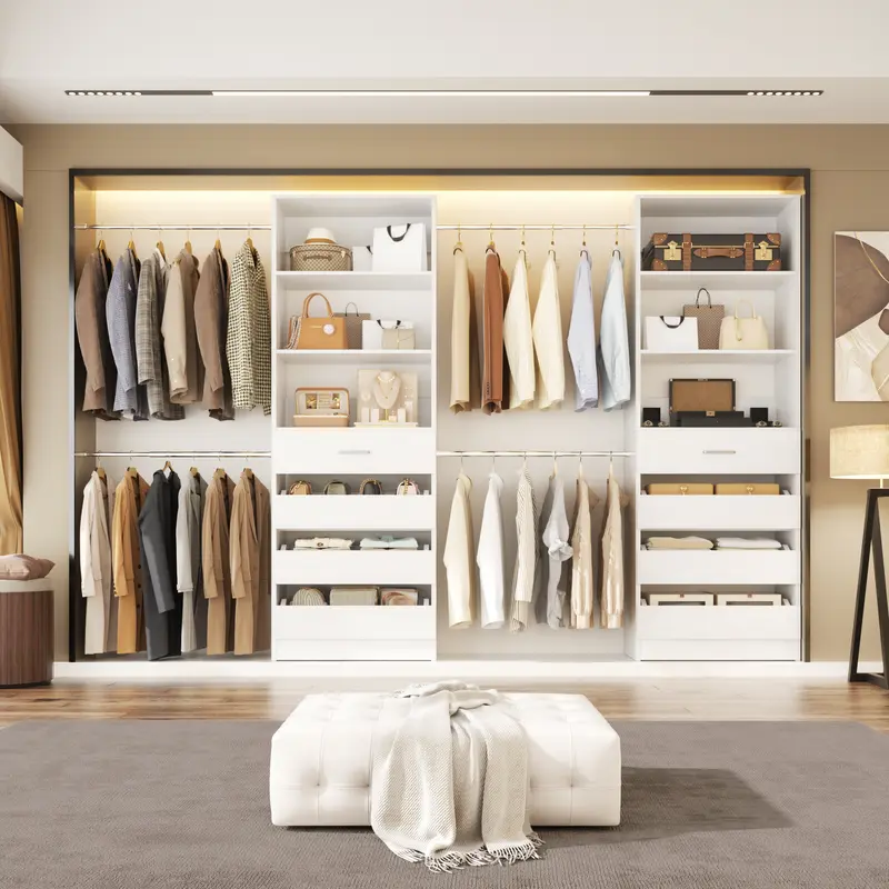 95"-136" MDF Board Wardrobe Set, Customizable Closet Organization Wardrobes with Drawers, Hanging Rods, Adjustable Storage Shelves & Compartment Design Towers, Space-Saving Walk-In Closet Organizer, Assembly Required