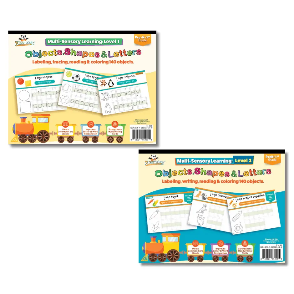Channie’s Multi-Sensory Learning- Level 1 & 2: Labeling, Tracing, Tracking, Reading, And Coloring-140 Objects, Shapes, And Letters