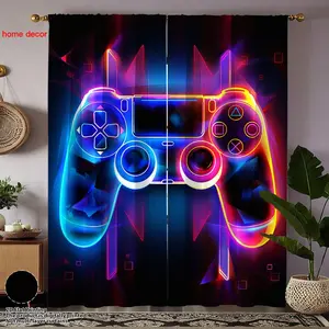2pc Neon Game Controller Print Curtains, Long Vertical Gaming Style Curtains for Game Room & Living Area, Blackout Privacy Protection