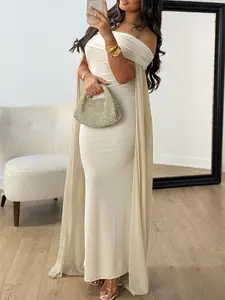 Women's Elegant Chic Off-Shoulder Long Evening Dress, Formal Wear, Satin Drape Slim Fit Bodycon Gown, Plain Style, Perfect for Parties and Events