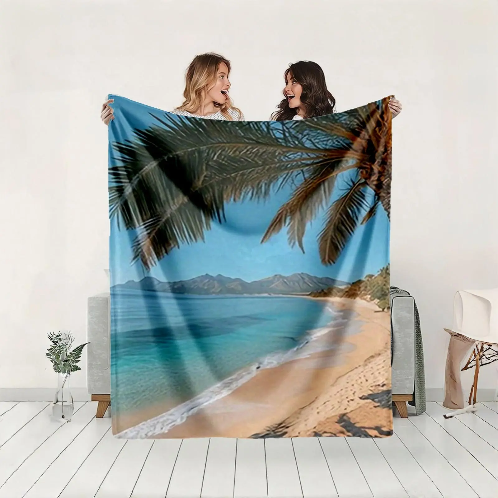 1 piece Tropical beach scenery, coconut groves and coastline themed flannel blanket - Microfiber comfortable flannel sofa blanket, suitable for beds and sofas, all-season use, modern design, digitally printed pattern, 100% polyester material